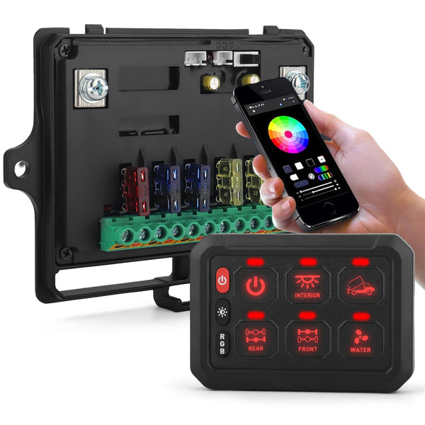 Chelhead RGB 6 Gang Switch Panel with APP Control, Universal Circuit Control Relay System, Multi-Function Bluetooth Remote Switch Panel, Compatible with Truck Boat SUV RV Trailer Marine ATV UTV