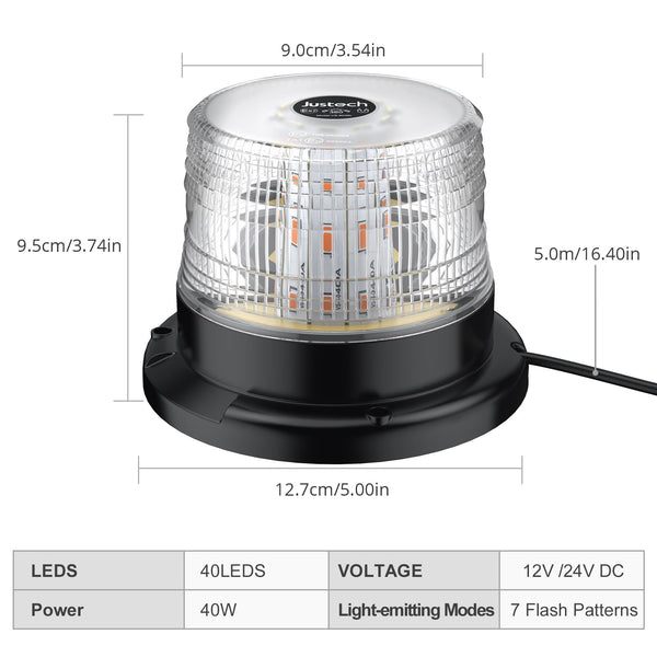 Justech 12/24V 40W 40 LED Flashing Beacon Light Emergency Warning Strobe Light Amber Strobe Lights 7 Flash Modes Waterproof with Magnetic Base for Truck Vehicle