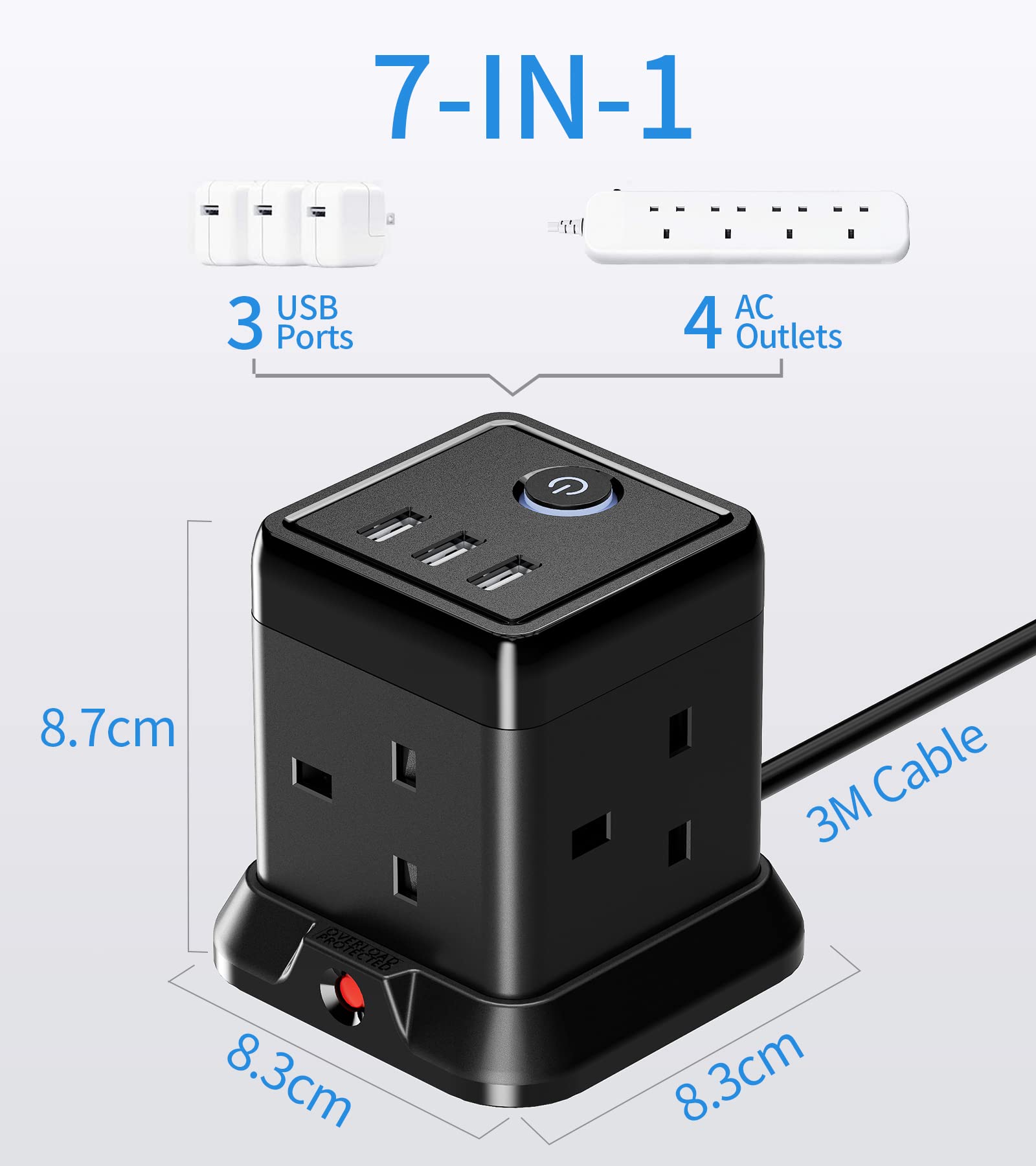 Hulker 3M Cube Extension Lead with 3 Slots 4 Gang Plug Socket with Switch 4 Way Power Strip with 3 USB Port 3 Metre Extension Cable Black 13A 3250W for Home Dorm Office