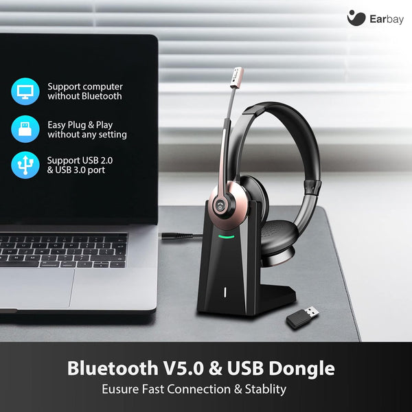 Earbay Wireless Headset, Bluetooth Headphones with Microphone Noise Canceling & USB Dongle, Office Headset with Charge Dock for Mobile Phone Computer Tablet Work Skype Zoom Conference Call Center