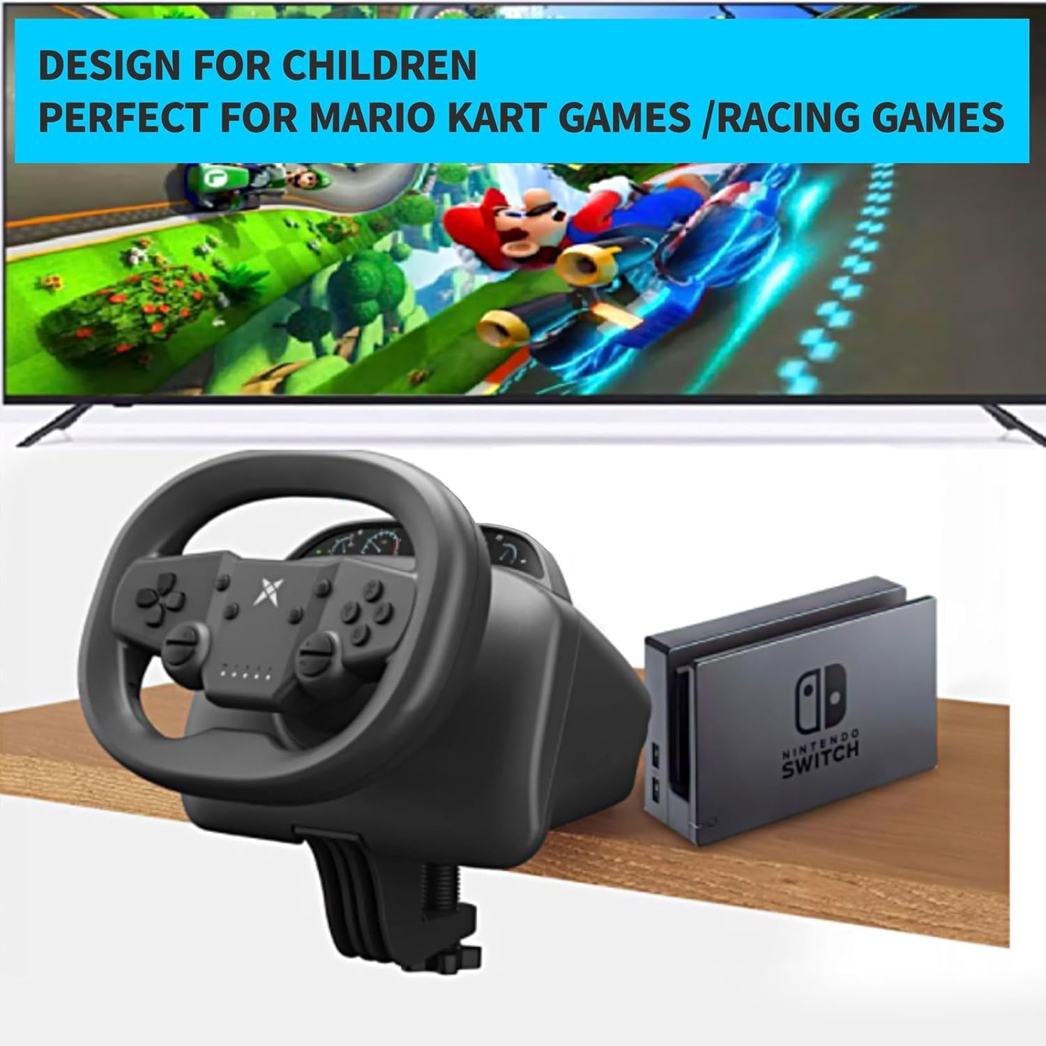 NBCP PS4 Steering Wheel and Pedals, Gaming Steering Wheel for PC, Nintendo Switch, PS4, PS3, IOS & Android Mobile Phones, Pro Racing Wheel with Dual-Vibration Motors, Wireless Bluetooth Connectivity