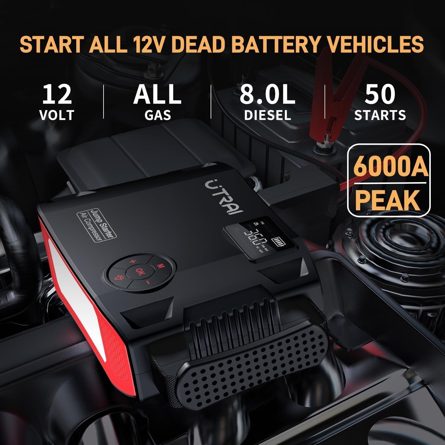 6000A Jump Starter Power Pack with 150PSI Air Compressor,UTRAI 27000mAh 12V Portable Emergency Car Battery Booster Jump Starter for All Gas/8L Diesel,DC160W,QC3.0,18W Fast Charging,LED Flashlight