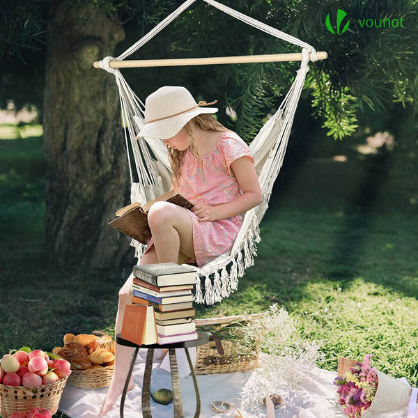 VOUNOT? Hanging Chair with Cushion, Macrame Hammock Swing Chair for Bedroom, Balcony, Patio, Garden, Indoor or Outdoor, 265LBS Capacity, Beige