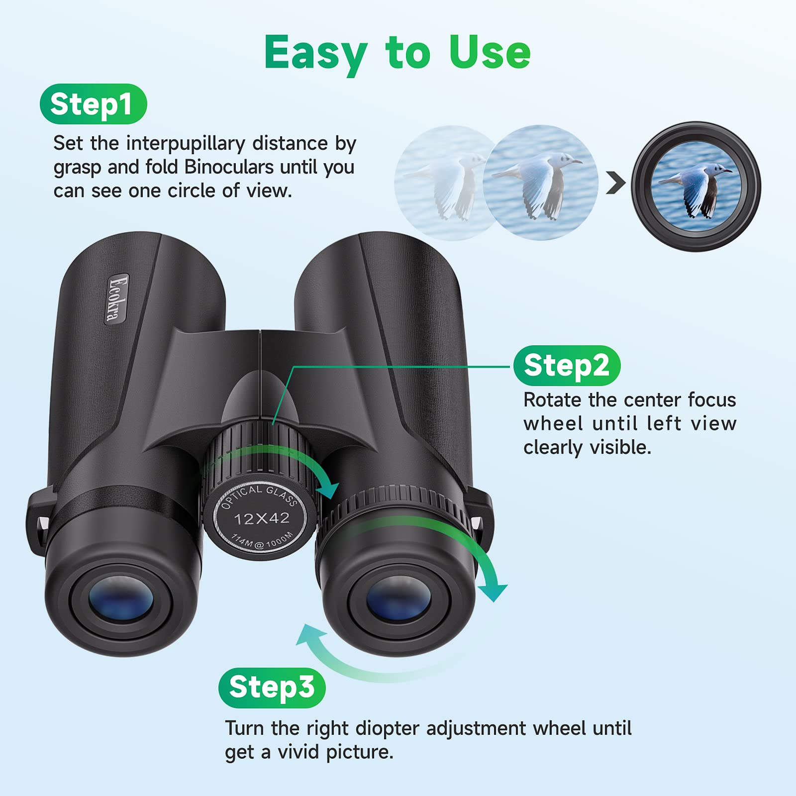 Ecokra 12x42 HD Binoculars for Adults, Super Bright High Power Compact Binoculars with Large View, Clear Low Light Night Vision, BAK4, FMC Prisms for Bird Watching Hunting Stargazing