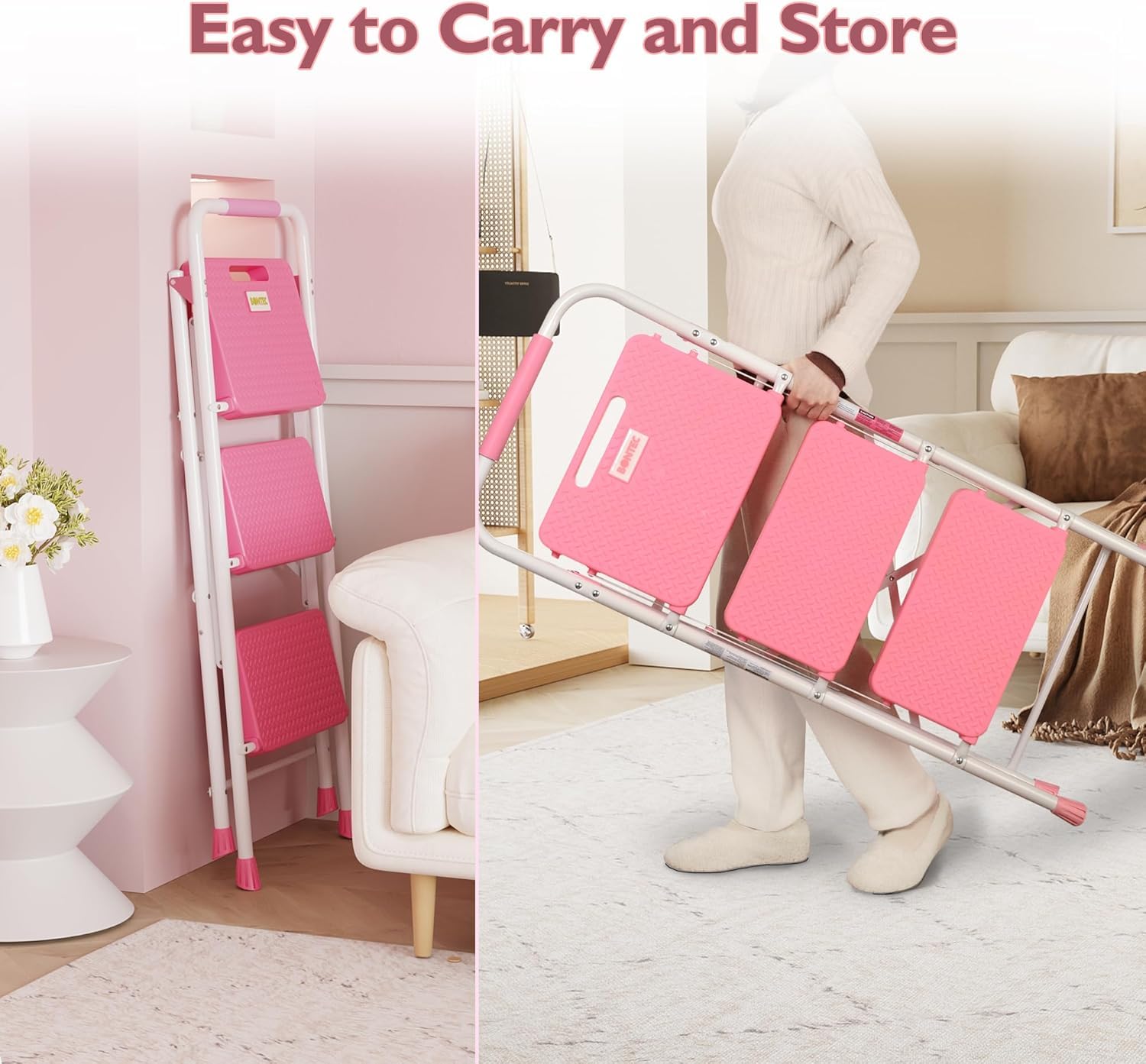 BONTEC 2 Step Ladder, Capacity 150KG with Wide Anti-Slip Pedals, Folding Steel Step Stool, Sponge Handlebar, Lightweight Portable Ladder Suitable for Home, Kitchen, Pantry, Indoor/Outdoor Use, Black