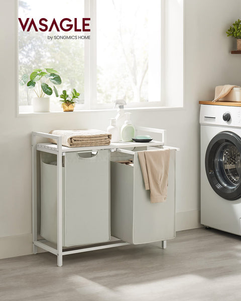 VASAGLE Laundry Basket, Laundry Hamper, Pull-Out and Removable Liner Bag, Shelf, Metal Frame, 65 L, 50 x 33 x 72 cm, Ink Black and Rustic Brown BLH101B01