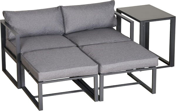 Outsunny 5 Piece Garden Aluminium Conversation Sofa Set Patio Furniture Set Outdoor 2 Sofas 2 Footstools End Table with Cushions