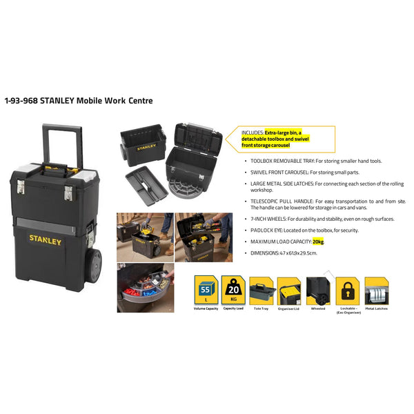 STANLEY Mobile Work Centre Toolbox, 2-in-1 Rolling Workshop with Stackable Units, Removable Toolbox, and Swivel Storage Carousel, 1-93-968