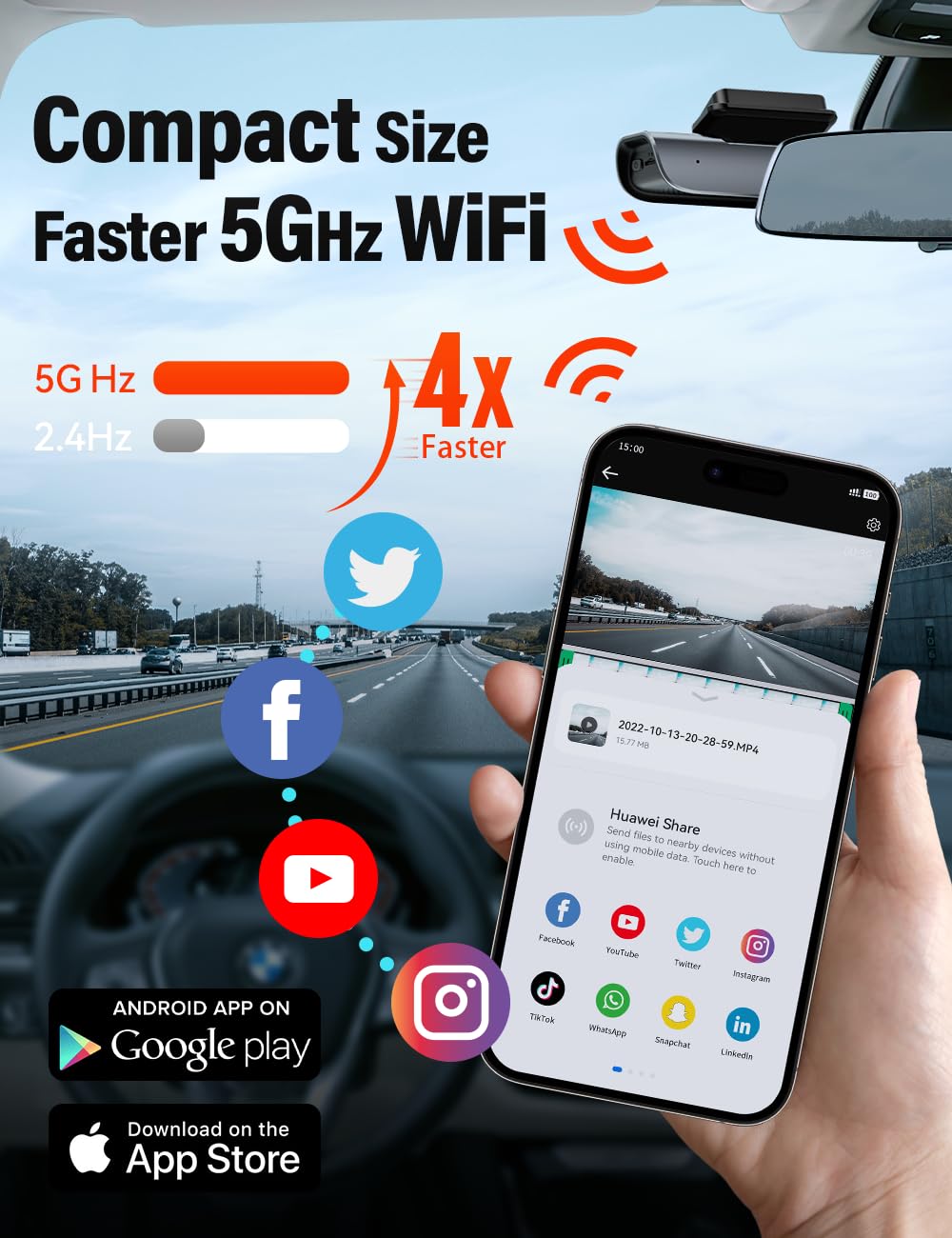 IIWEY EY02 4K Dash Cam Front and Rear Built-in 5GHz WiFi, Dual Dash Cam Front 4K Rear 1080P Car Camera, Free 64GB SD Card, Super Night Vision, App Control, Supercapacitor, Parking Mode, USB C Port