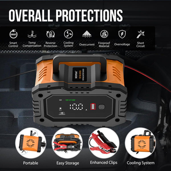 Battery Charger 10A, NEXPEAK 12V 24V LiFePO4 Car Battery Chargers, Automatic Maintainer with Temperature Compensation for Car Motorcycle Truck, AGM, Gel, Wet, SLA