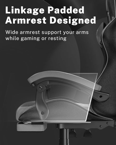 bigzzia RGB Gaming Chair with LED Lights and Ergonomic Computer Chair Reclining PU Leather High Back Video Game Chair with Headrest Adjustable Lumbar Support Linkage Armrest for Adults (Black/Grey)