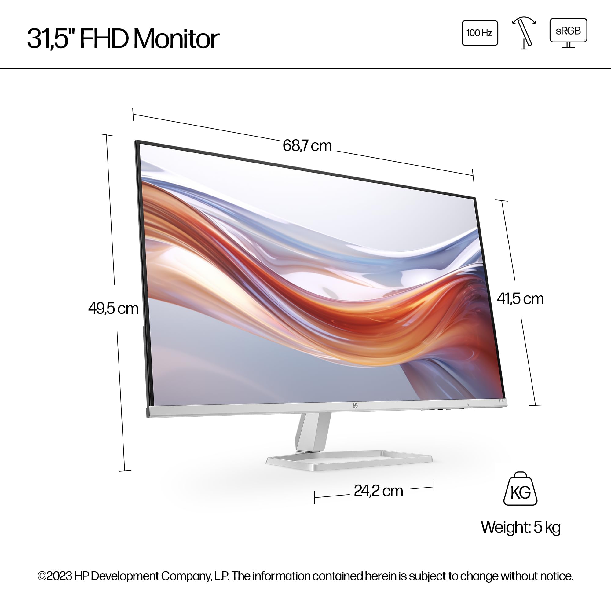 HP Series 5 27" FHD Height Adjust Monitor (527sh) - 100Hz Refresh Rate, 1500:1 AR, 99 percent sRGB Spectrum, 300 Nits Brightness - HDMI, VGA Ports - Ergonomically Adjustable - Responsibly Made