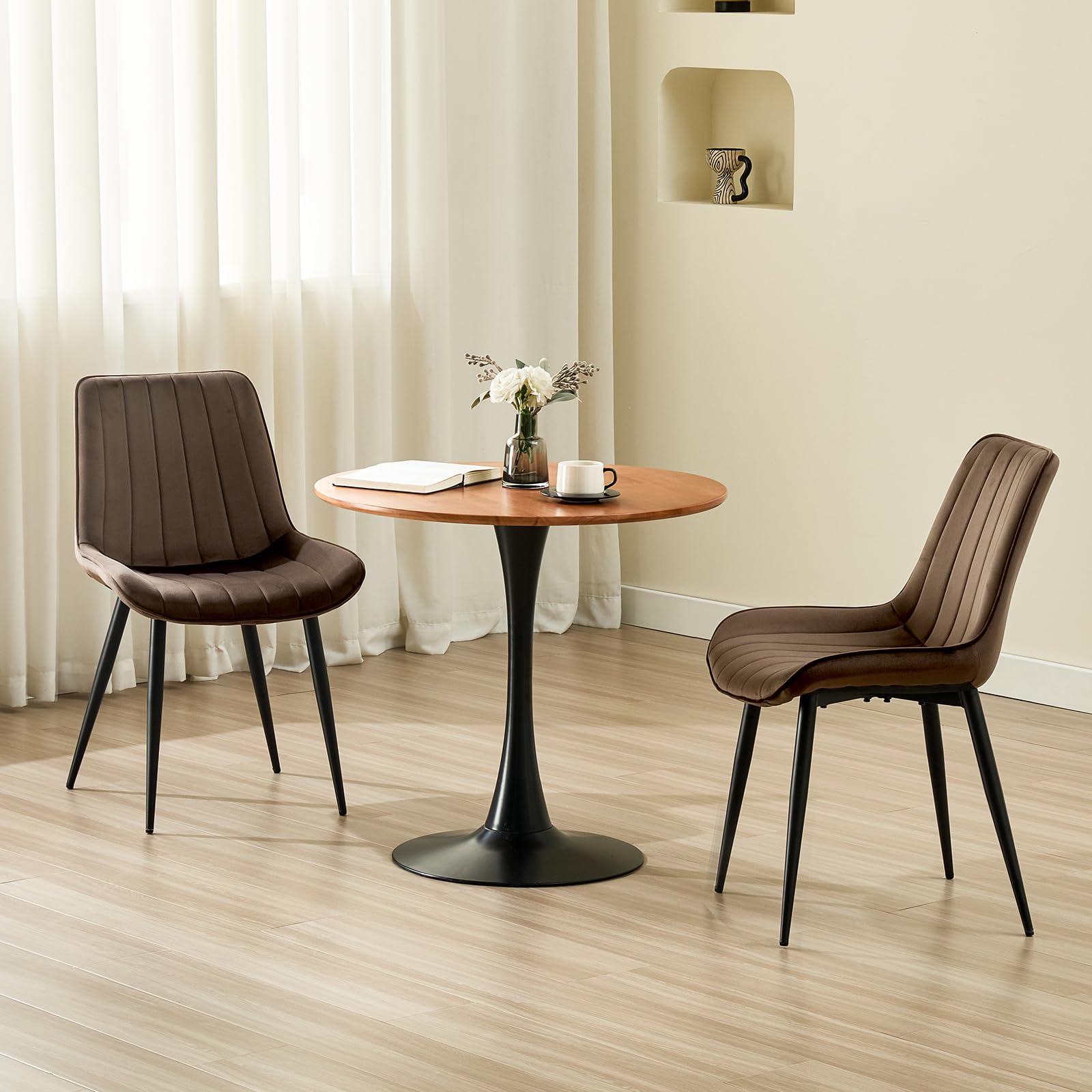 LONGTOO Set of 6 Dining Chairs with Velvet Upholstered Seat & Backrest,Stable Metal Legs,Modern Stripe Design,Champagne