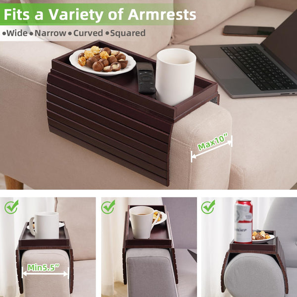 GEHE Natural Bamboo Sofa Arm Tray Table for Couch, Armrest Anti-Slip Cup Holder for Snacks, Phone, Control, Cups - Flexible, Foldable, Mahogany