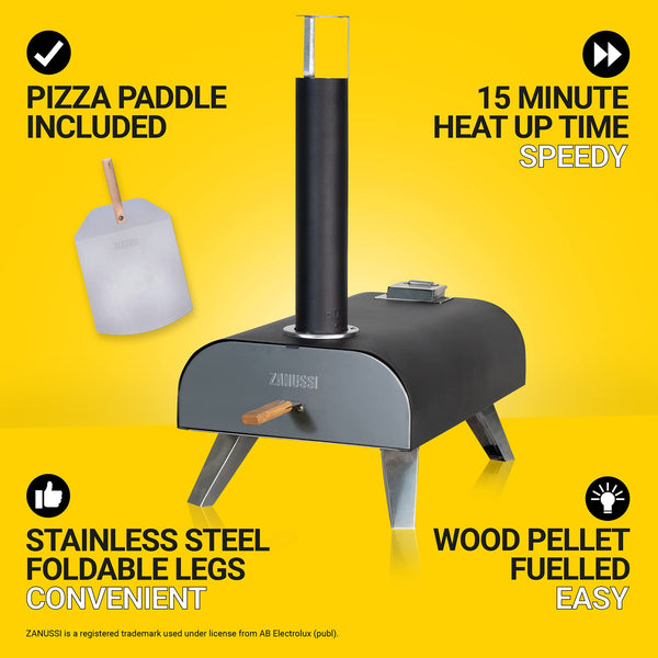 Zanussi ZPO1BPC Outdoor 12 Inch Wood Pellet Portable Wood Fired Pizza Oven with Paddle and Cover in Black, BBQ Oven & Smoker, Stainless Steel Foldable Legs