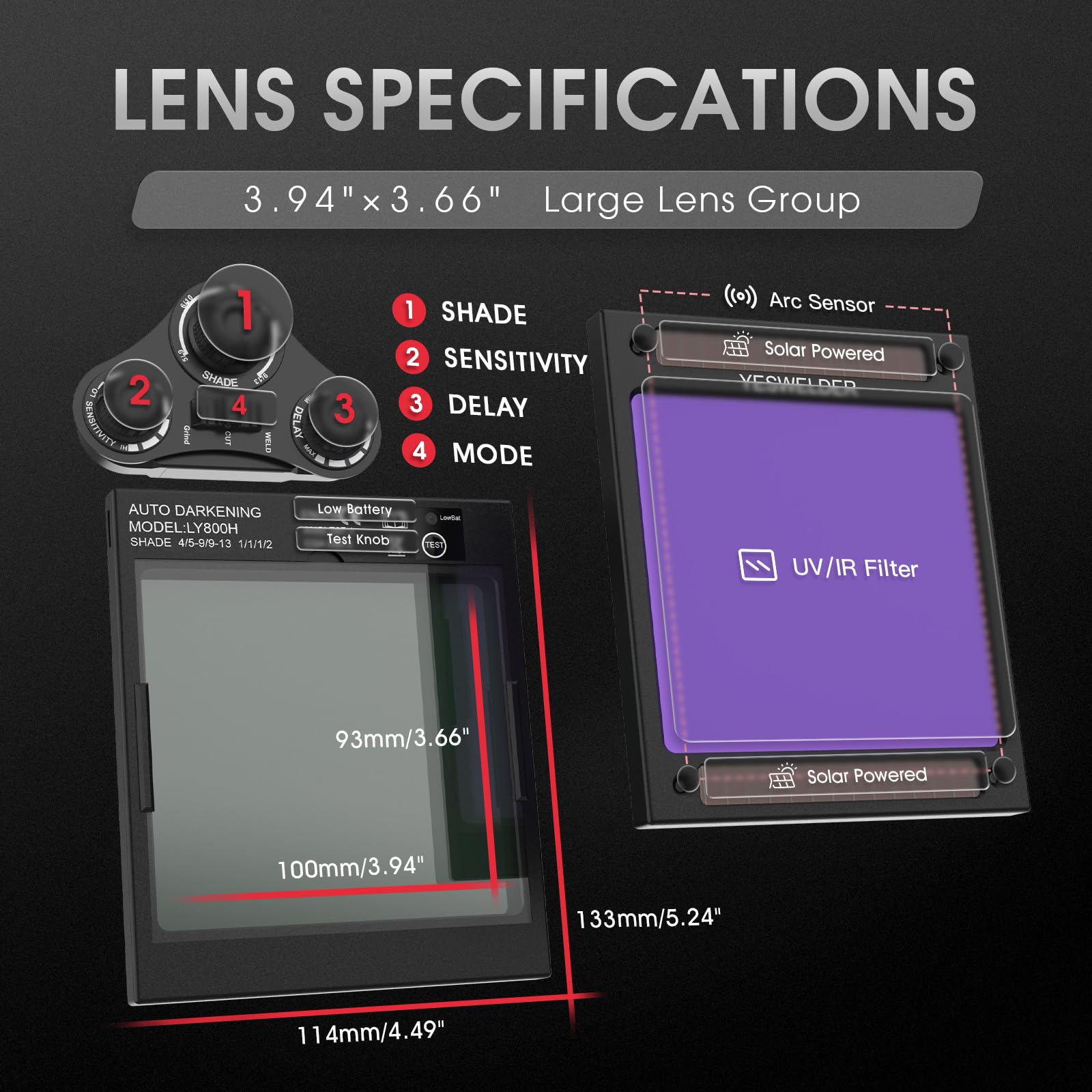 YESWELDER Welding Mask True Colour Large View 10X9cm Auto Darkening Welding Helmet Solar Powered Replaceable Battery, 4 Premium Sensors Wide Shade 4/5-9/9-13 for TIG MIG ARC CUT GRIND Welder Mask