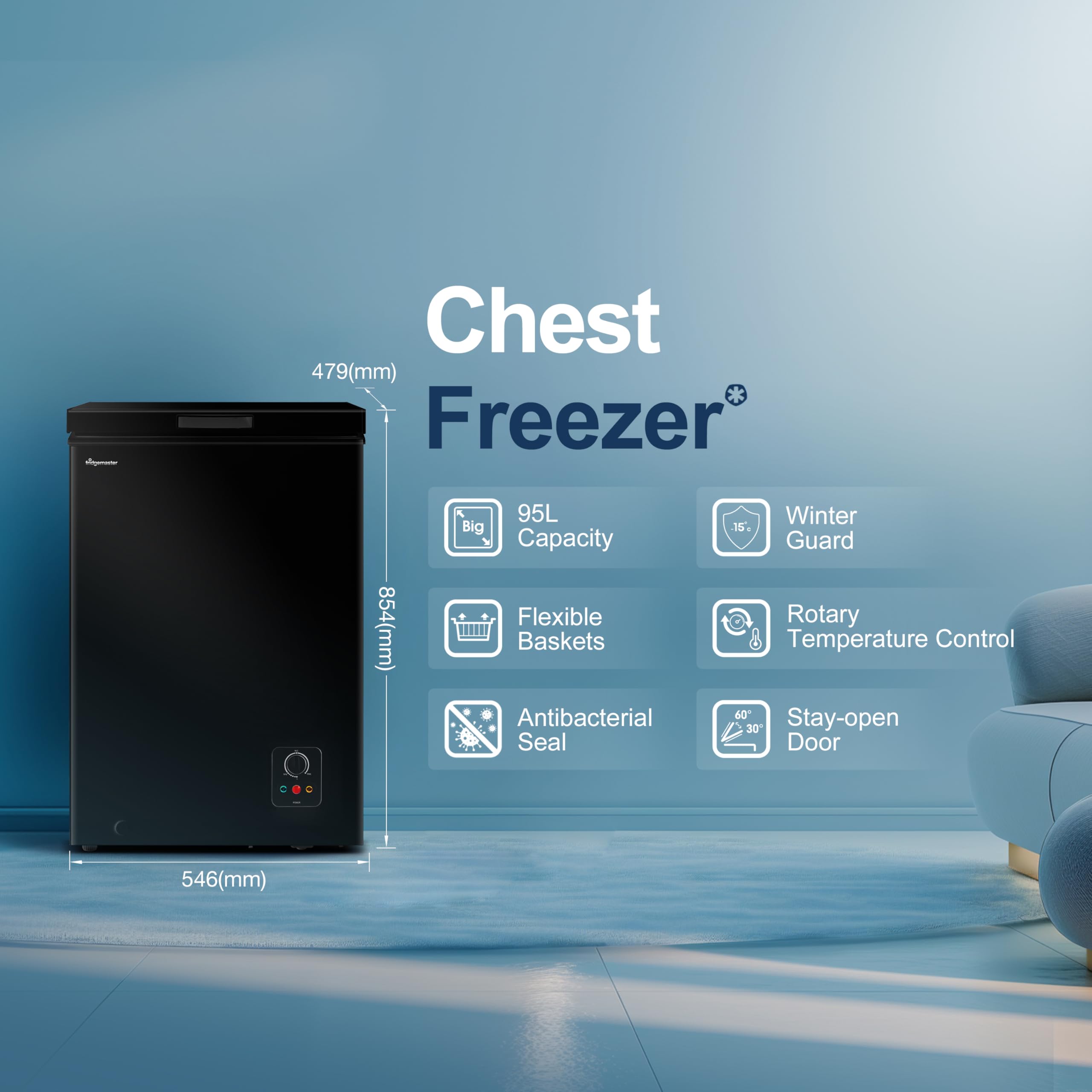 Fridgemaster MCF142EB 142L Chester Freezer 4 Star Freezer Rating - 55.9D x 62.5W x 85.4H cm Black with Recessed Handle - E Rated