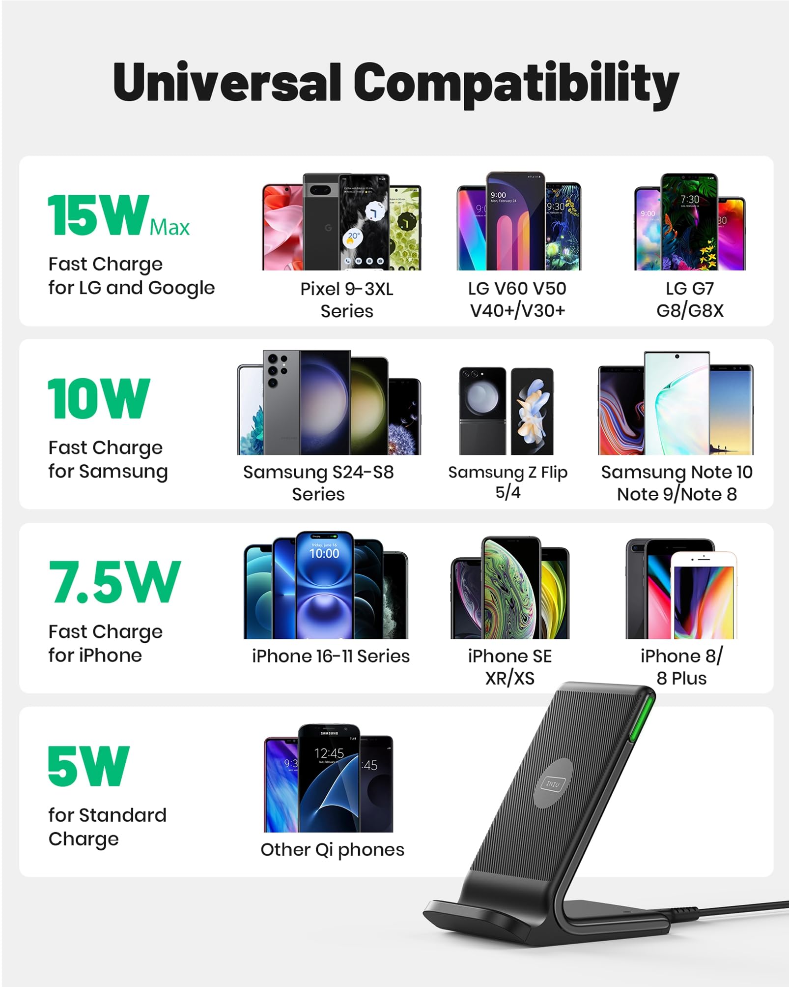 INIU Wireless Charger Stand, 15W Qi Fast Charging Dock Phone Charger, Adaptive LED Wireless Charging Station for iPhone 16 15 14 13 12 11 9 8 XR, Samsung S22 S21 S10 S9, LG V40 G8, Pixel 8 7 6 etc.