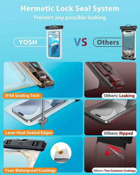 YOSH Waterproof Phone Pouch 2 Pack, 7 inch IPX8 Waterproof Phone Case for Swimming Travel Beach Trip Snorkelling Kayaking, Underwater iPhone Case for iPhone 16 15 14 Pro Max, Samsung S25 S24 Ultra