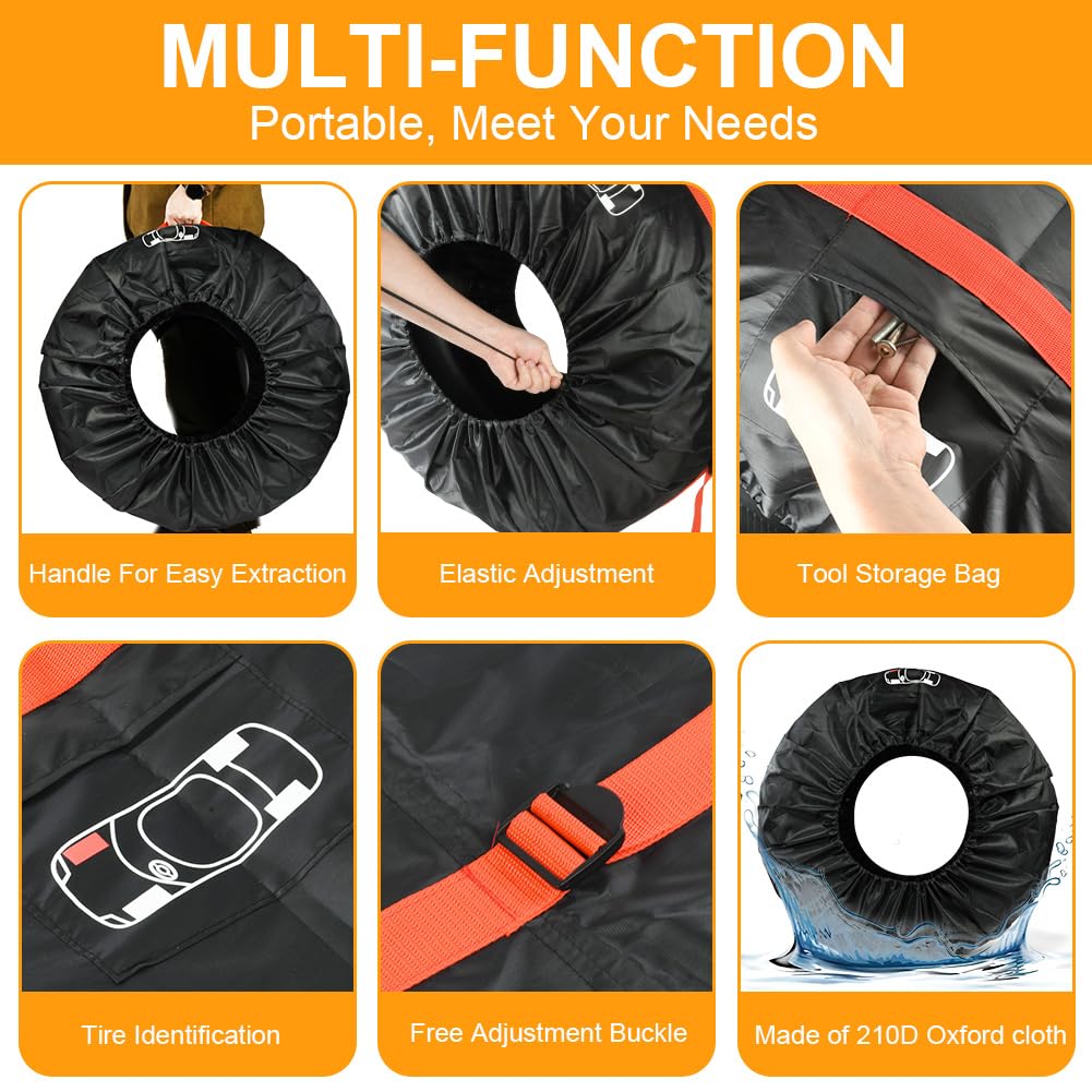 Car Spare Tire Covers 4 Pack, 13-18 IN Tyre Bag Set, Diameter 66cm Wheel Protection Cover, Tyre Bags with Handle, Waterproof Dustproof Auto Spare Tires Storage Bags for Car UV SUV Truck Black S