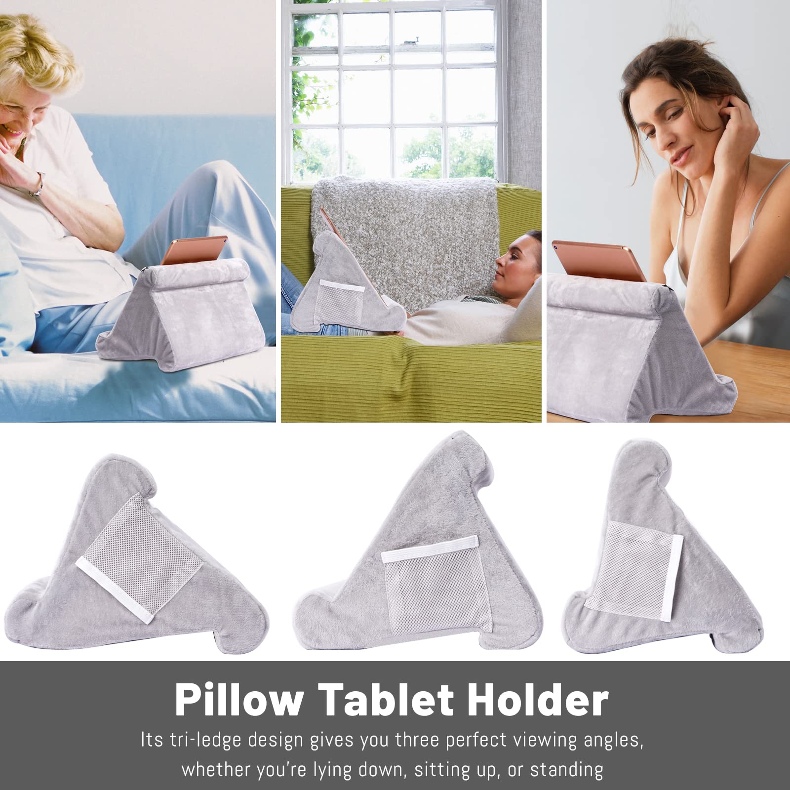Soft Tablet Stand Pillow with Pocket,Tablet Cushion Stand,Adjustable 3 Viewing Angle,Lazy Holder Stand for Bed Sofa,Compatible with iPads Tablets eReaders Smartphones Books Magazines（Grey）…