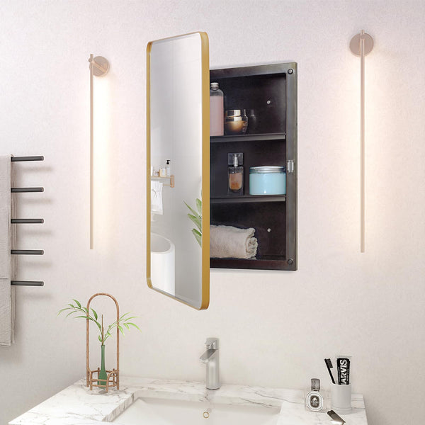 Fundin Plastic Mirror Cabinet, Beveled Edge Mirror Door with Round Corner Metal Frame, Recessed and Surface Mount, Golden,40 X 61 CM