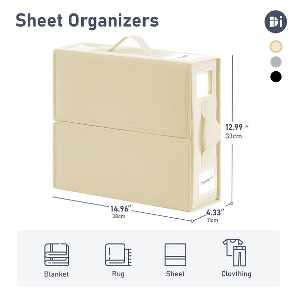 DIMJ Bed Sheet Organisers Storage 6 Pack - Foldable Sheets Organizer for Closet, Linen Bedding Storage Box with Handle and Tab Pocket for King & Queen