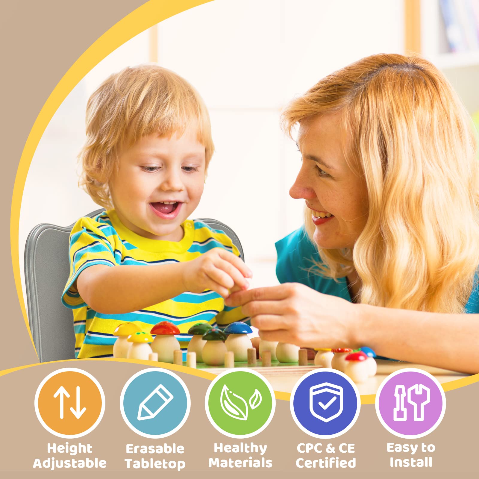 FUNLIO Kids Table and 2 Chairs Set, Height Adjustable Toddler Table and Chair Set for Ages 3-8, Easy to Wipe Arts & Crafts Table, for