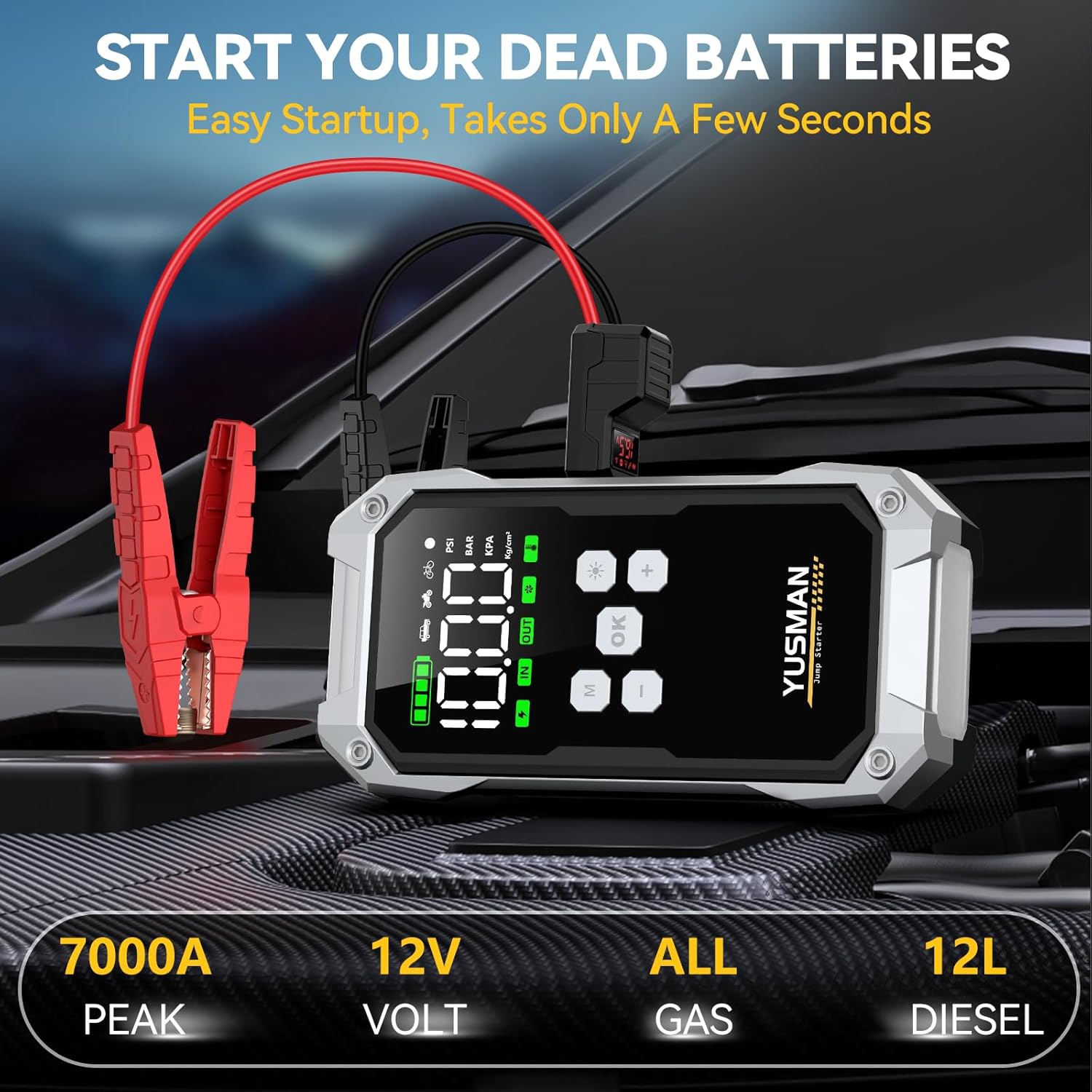 Jump Starter Power Pack with Air Compressor, 7000A 150PSI Portable Car Battery Booster (All Petrol/10L Diesel), 12V Car Jump Starter Power Bank with Jump Leads, LCD Screen, 2 LED Light