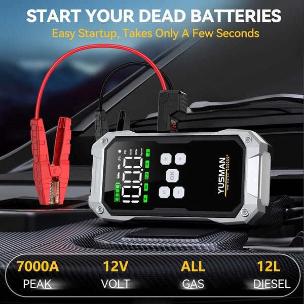 Jump Starter Power Pack with Air Compressor, 7000A 150PSI Portable Car Battery Booster (All Petrol/10L Diesel), 12V Car Jump Starter Power Bank with Jump Leads, LCD Screen, 2 LED Light