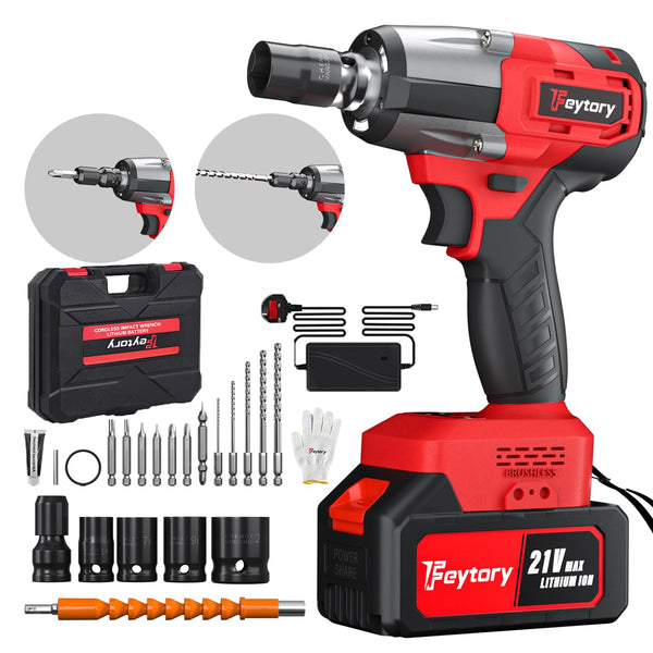 Cordless Impact Wrench,1/2" Brushless Power Impact Gun,2500RPM Electric Wrench, Max Torque 550N.m with 4 Sockets, 12PCS Screwdriver Bits, 4.0Ah Battery & Carry Box for Car Home