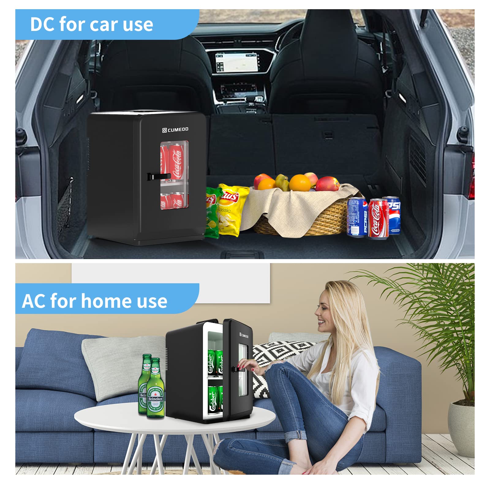 Mini Fridge 15 Liter/21 Cans, Upgrade Portable AC+DC Power Small Fridge for Bedroom, Car, Office, Thermoelectric Cooler and Warmer Skincare Fridge for Food, Drinks, Cosmetics, Max & ECO Mode