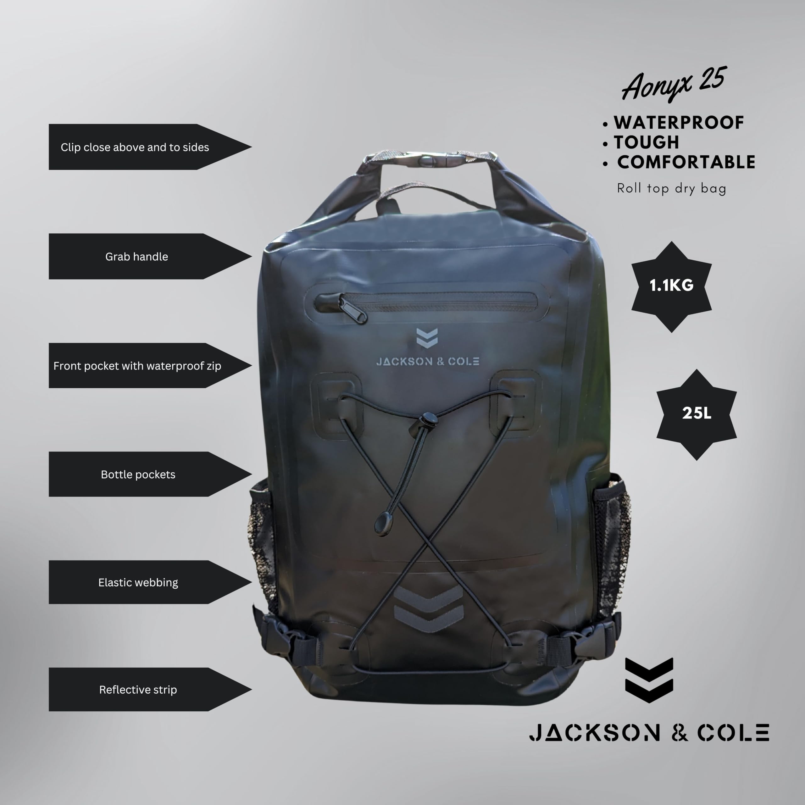Jackson & Cole Waterproof Backpack - 25L Dry Bag Backpack - Rolltop, Reflective, Webbing for Watersports, Motorcycling, Camping, Hiking, Boating,