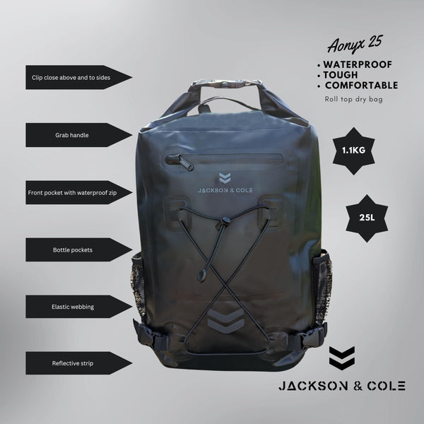 Jackson & Cole Waterproof Backpack - 25L Dry Bag Backpack - Rolltop, Reflective, Webbing for Watersports, Motorcycling, Camping, Hiking, Boating,