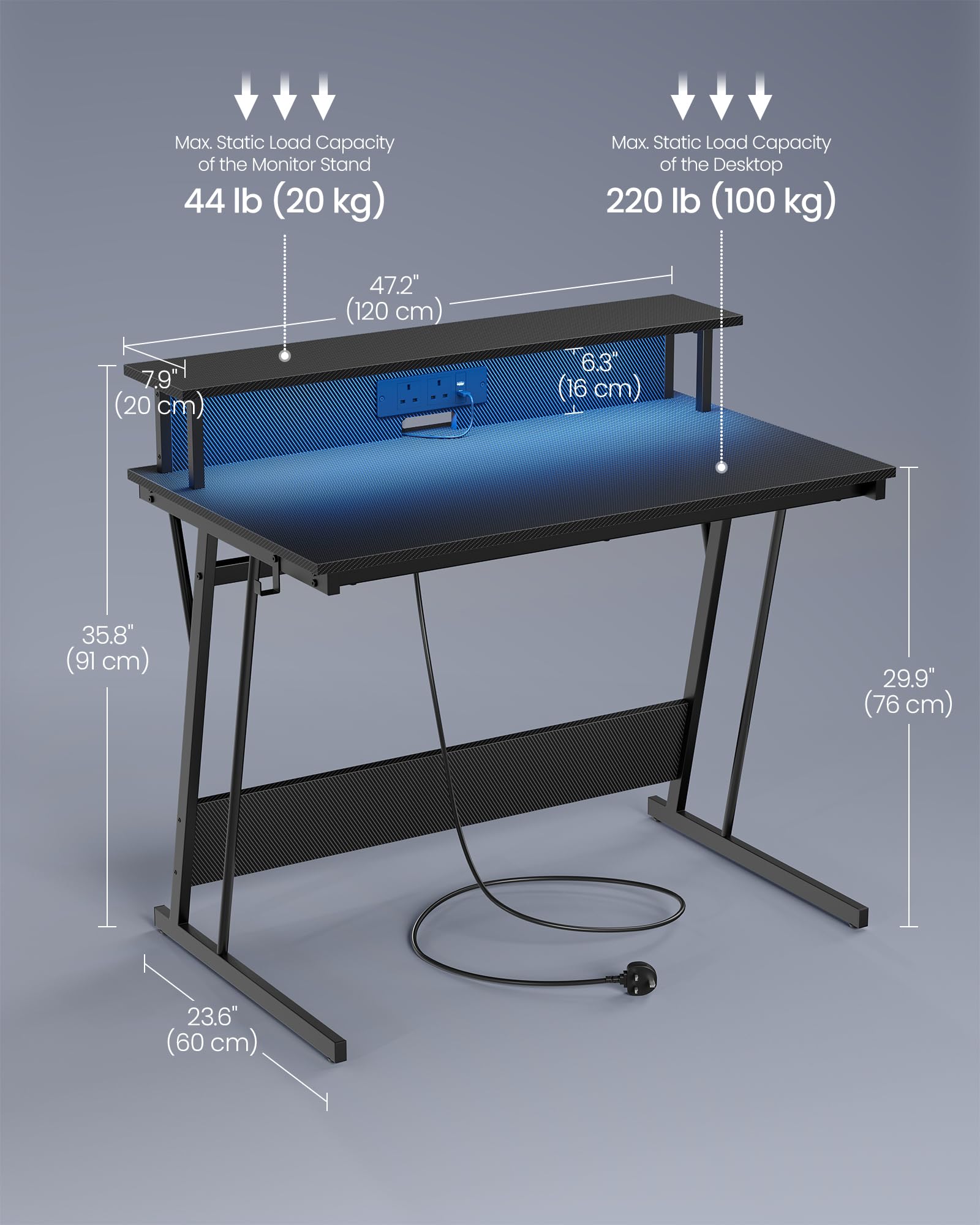 VASAGLE Gaming Desk with LED Lights and Built-In Power Outlets, Computer Desk with Monitor Shelf, Gaming Table for 2 Monitors, Office Desk, for Bedroom, 60 x 120 x 76 cm, Carbon Black LWD292B02