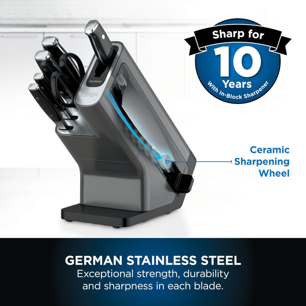 Ninja Foodi StaySharp Knife Block with Integrated Sharpener, 5-Piece Knife Set includes Chef, Bread, Slicing, Utility, Paring Knives, Stainless Steel K32005UK, Black