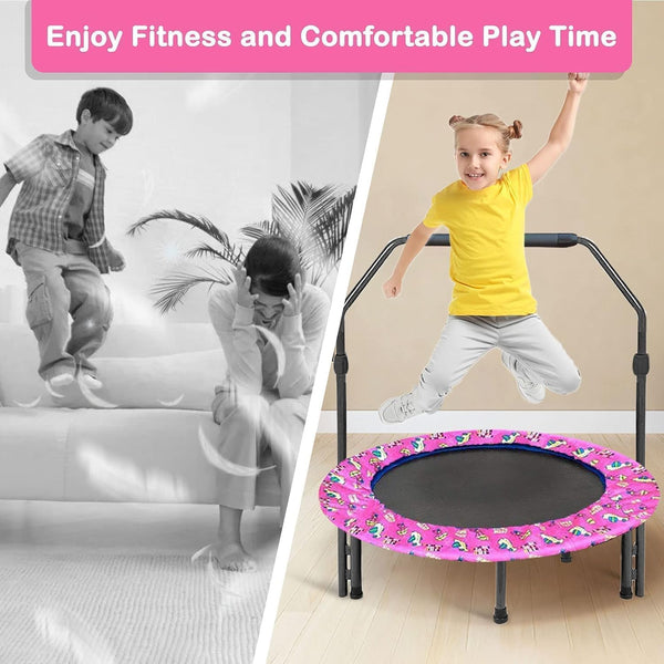 36'' Kids Trampoline Body Coordination with Adjustable Handle Back Panel Foldable Mini and Safety Padded Cover Trampoline Indoor and Outdoor Exercise