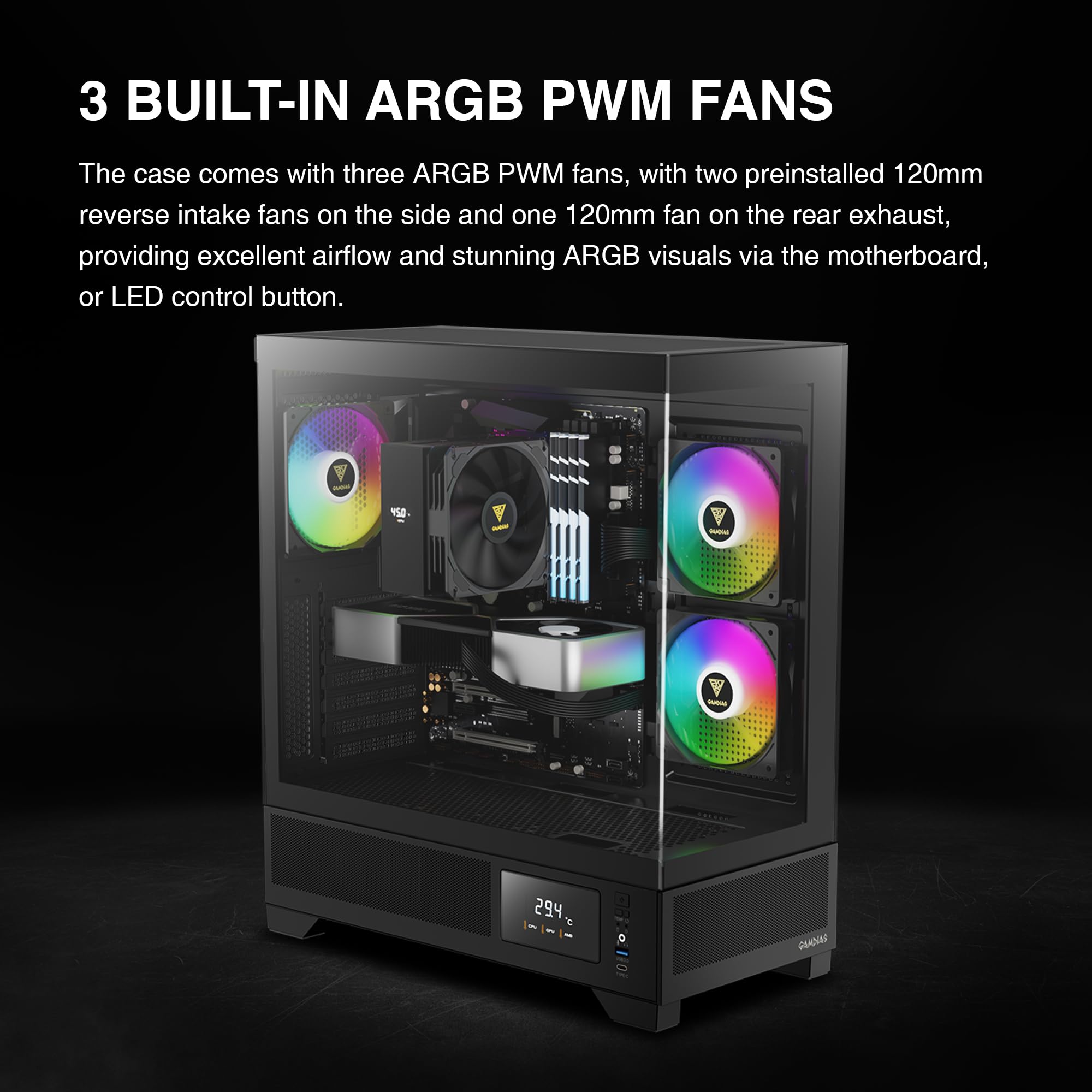 GAMDIAS PC Case, ATX Gaming Mid Tower, No-Hub, Real-time Monitor, Seamless Tempered Glass, Pre-install 3 x 120 mm ARGB PWM Fans, Side Vents Perforated, Black