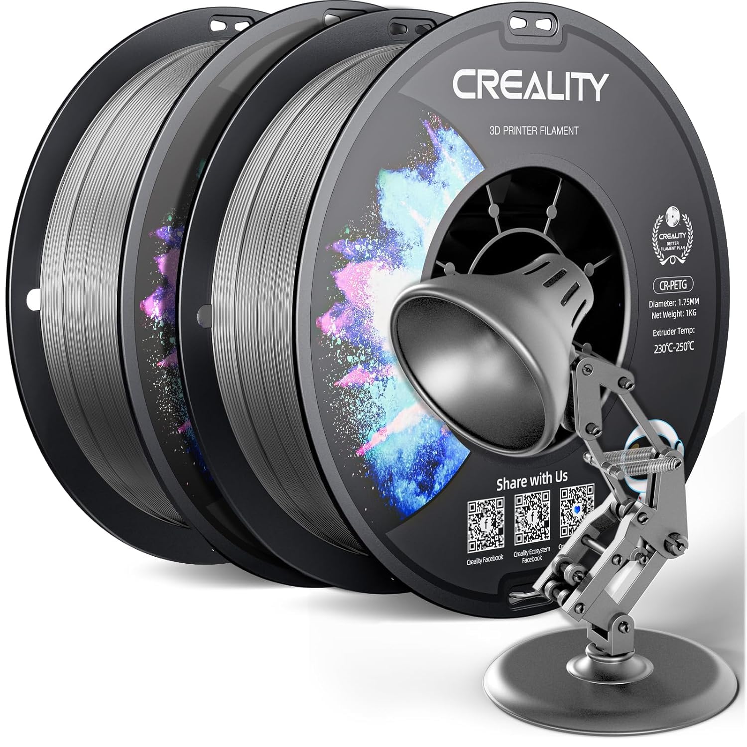 Creality CR-PETG PLA Filament 1.75mm 3D Printing Filament 4 KG, Excellent Toughness High Precision, Odorless Non-Toxic Moistureproof, 1kg(2.2lbs) Glossy for 3D Printer (Black+White+Red+Blue)*1KG