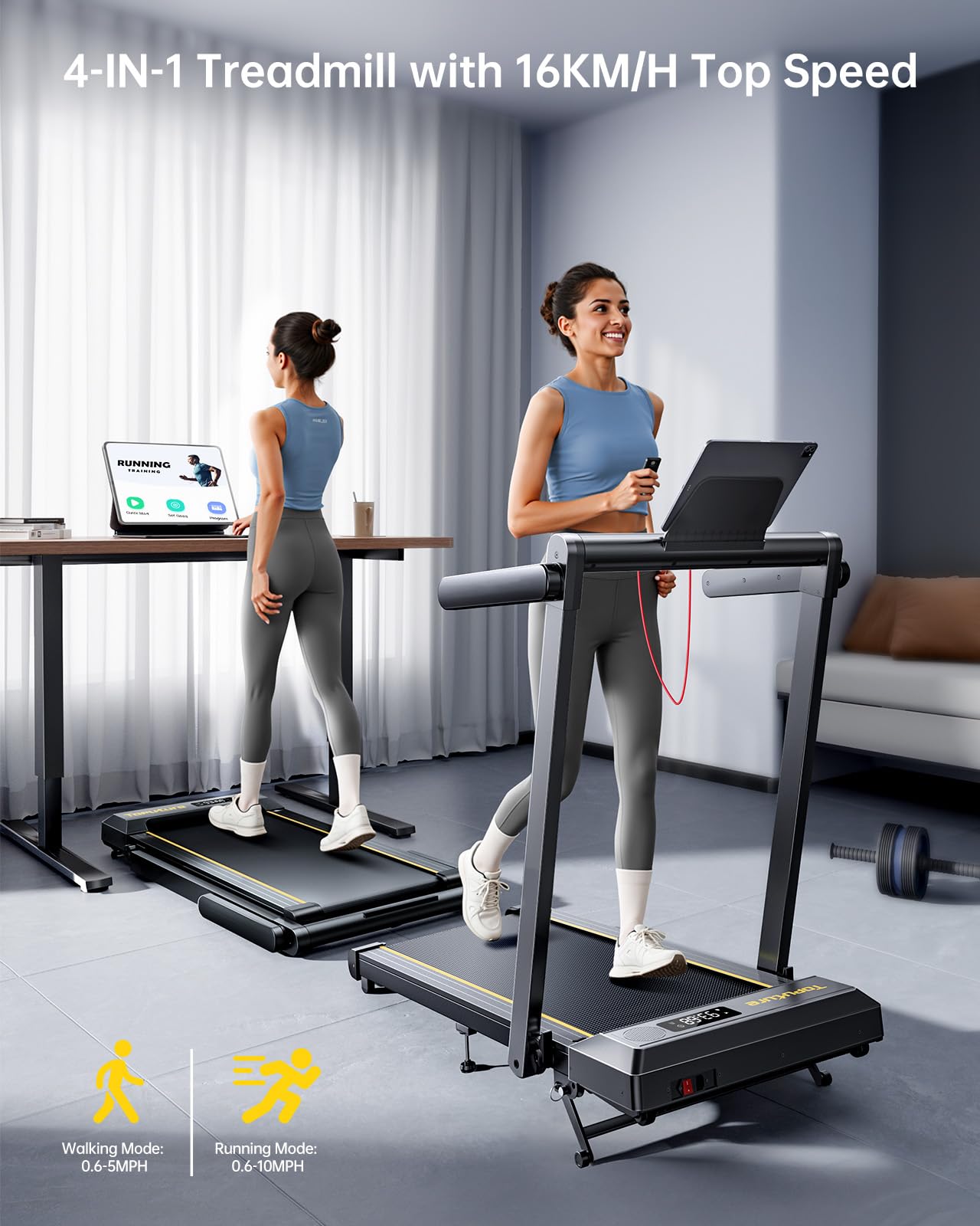 Folding Treadmill with 12% Incline, 4 in 1 Treadmills for Home/Office, Heart Rate, 16KM/H Portable Treadmill, 2.5HP Under Desk Walking Pad, Dual LED Screen, App, Bluetooth Speaker