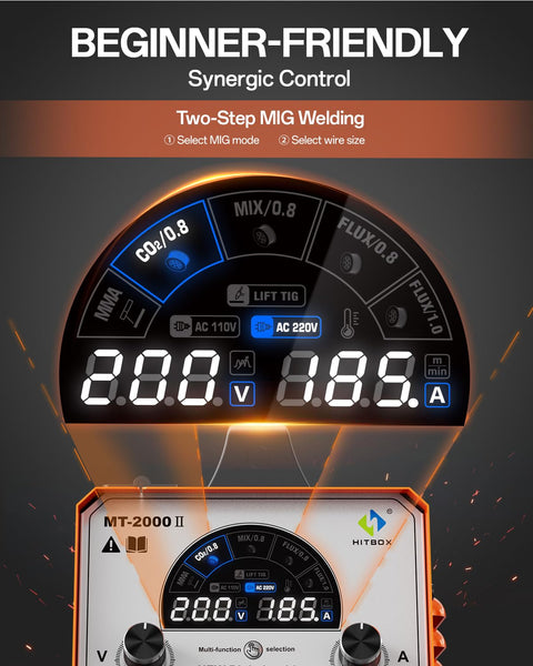 HITBOX Gasless MIG Welder 240V 200A, 3-in-1 Synergy Welding Machine MIG/ARC/Lift TIG with LED Display, Flux Core Wire & MIG Torch – IGBT Inverter Portable Welder(HBM200)
