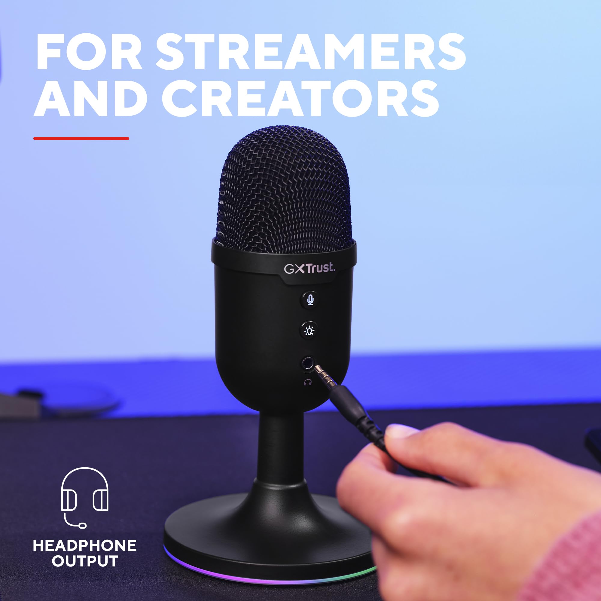 Trust Gaming GXT 236 Yami USB Condenser Streaming Microphone for Podcast, Twitch, Discord, ASMR, Youtube, Playstation 5, Gaming Mic with Cardioid Recording Pattern, Mute Button, RGB Light - Black