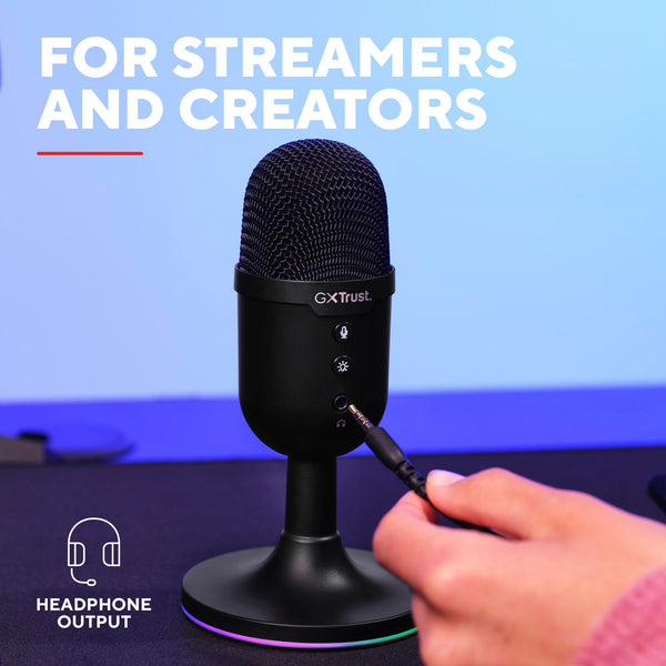 Trust Gaming GXT 236 Yami USB Condenser Streaming Microphone for Podcast, Twitch, Discord, ASMR, Youtube, Playstation 5, Gaming Mic with Cardioid Recording Pattern, Mute Button, RGB Light - Black