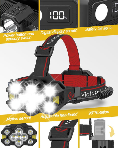 Victoper Head Torch Rechargeable v10000 Upgraded 22000 Lumen Torches LED Super Bright Headlight 10 LEDs Modes Hands-Free Flashlight for Camping Fishing Cycling Hiking Waterproof, Black