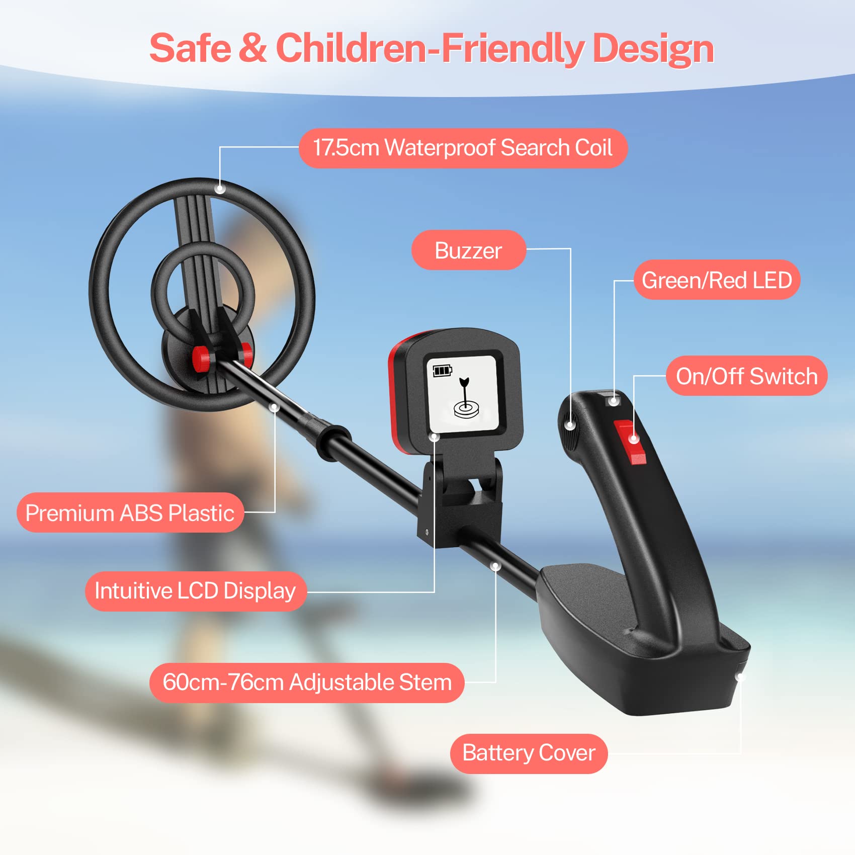 DR.ÖTEK Metal Detector for Kids, Waterproof with LCD Display and Buzzer, 60-76 cm Adjustable Stem, High Sensitivity, Lightweight Gold Detector, Ages 3-10