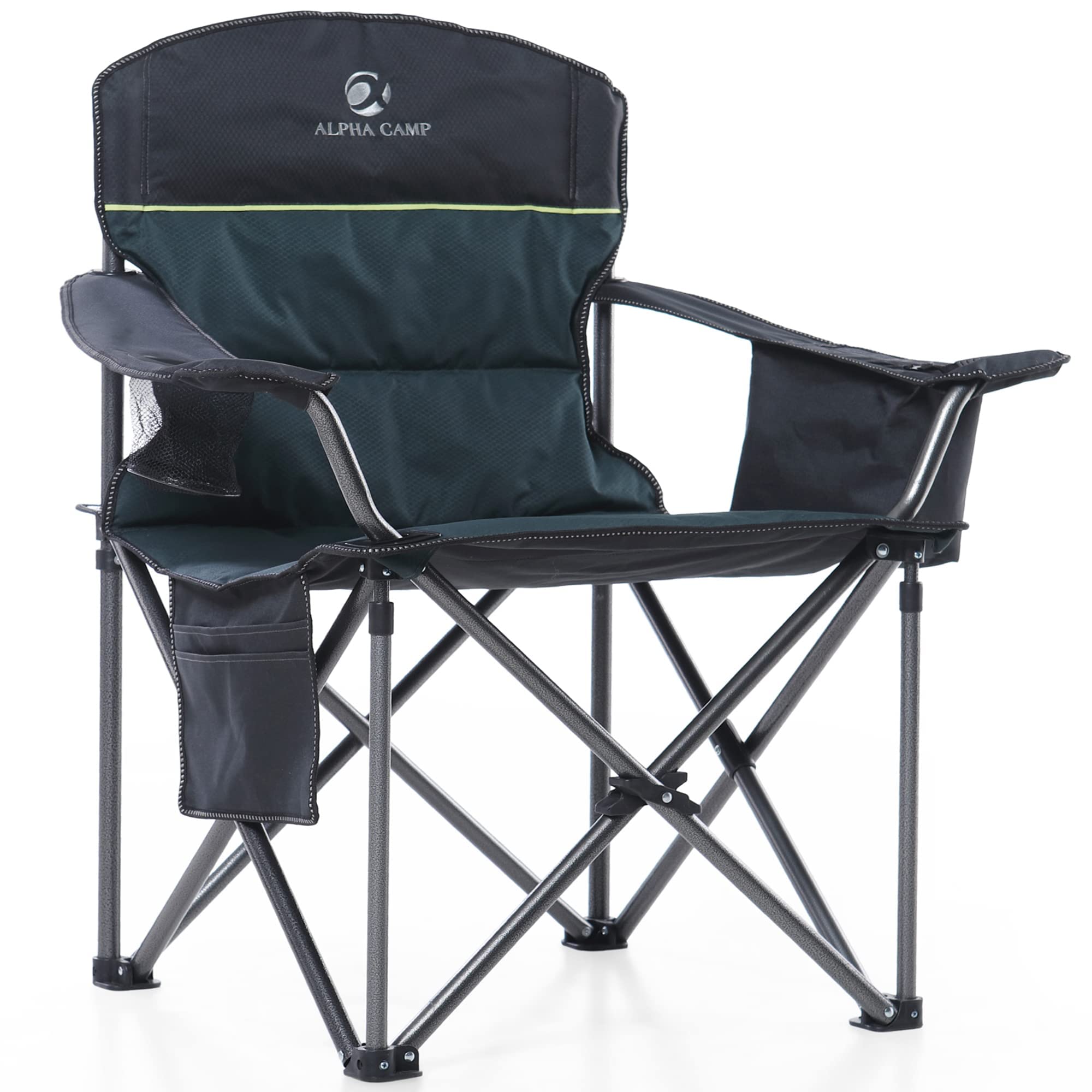 ALPHA CAMP Oversized Camping Folding Chair Heavy Duty Camping Chair Support 450 LBS Padded Camp Chairs for Adults with Carry Bag and Cooler Bag Portable for Outdoor(Black)