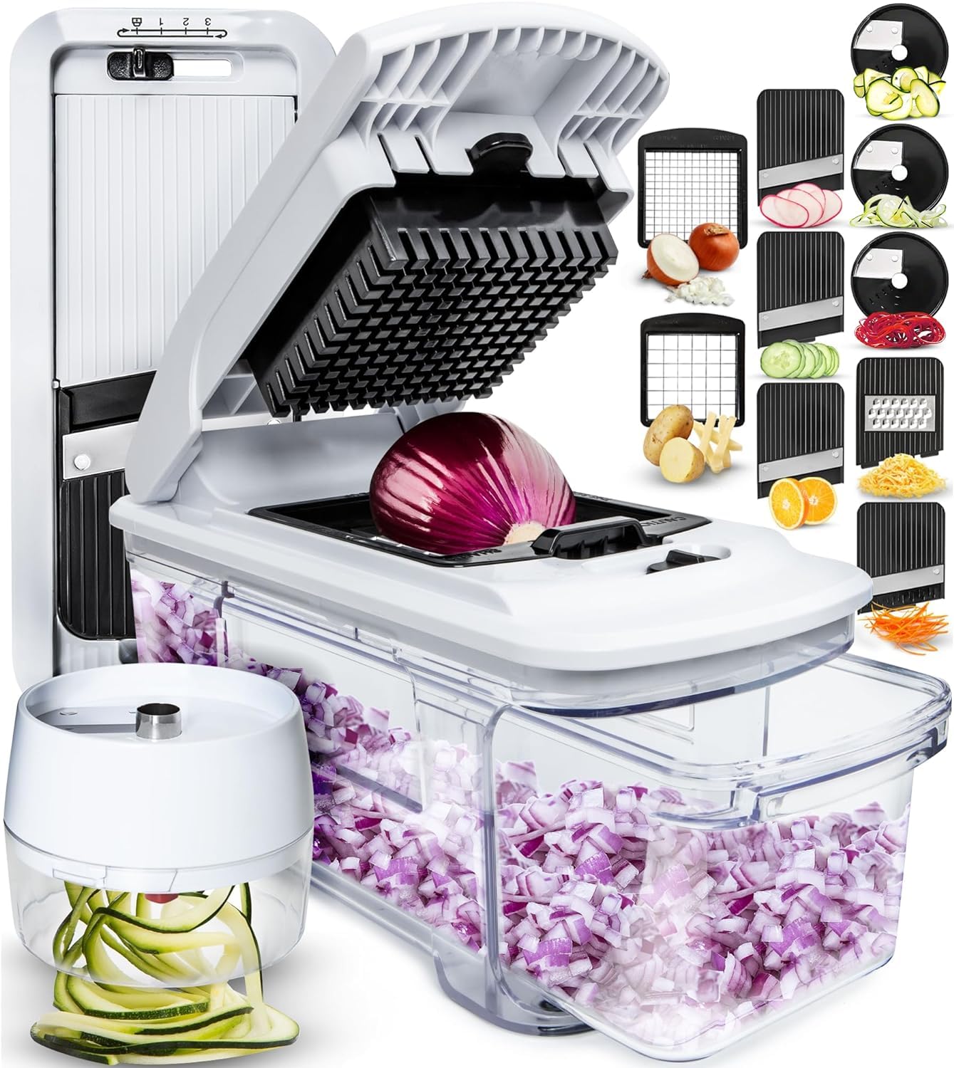 Vegetable Chopper Vegetable Cutter Mandoline Vegetable Slicer - Veggie Onion Salad Food Chopper Manual - Potato Chipper - Veg Chopper and Dicer - Kitchen Tools & Gadgets (6-in-1 Compact White)