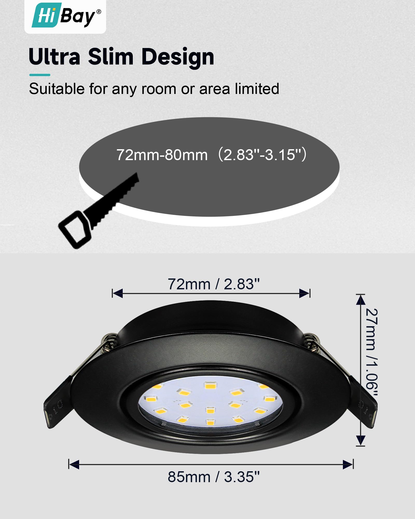 HiBay 8X Recessed Ceiling Lights 5w, 230V Ultra Slim recessed Led Spotlights Cool WhiteHole Size 72-80 mm, 40 Tilt Black Round Down Lights Indoor