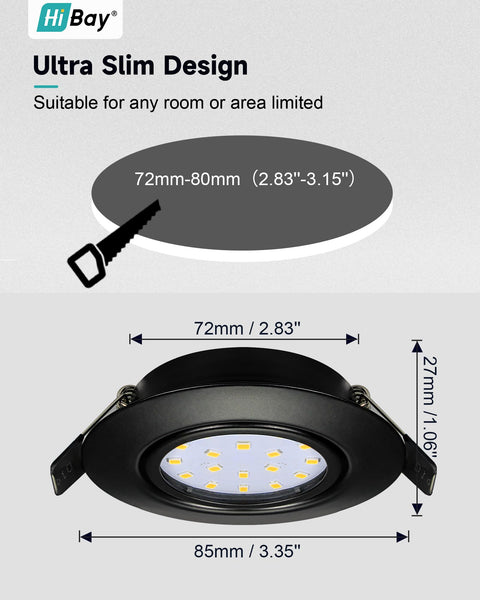 HiBay 8X Recessed Ceiling Lights 5w, 230V Ultra Slim recessed Led Spotlights Cool WhiteHole Size 72-80 mm, 40 Tilt Black Round Down Lights Indoor