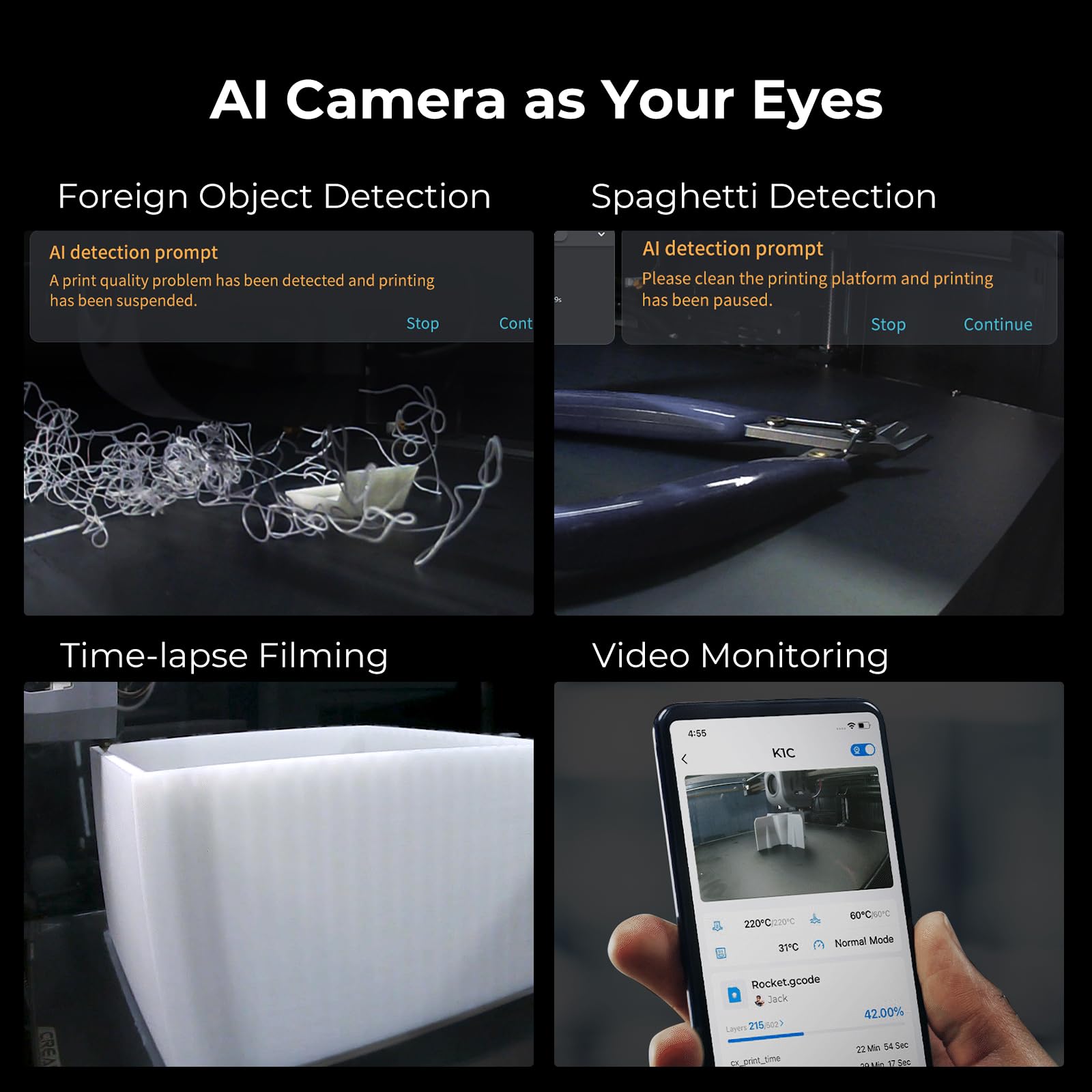 Creality K1C 3D Printer, 600mm/s Fast Speed Clog-Free Extruder Auto Leveling 3D Printers with AI Camera for 300°C Printing,Switchable Silent Mode Reliable Carbon Fiber 3D Printing 220*220*250mm(Black)